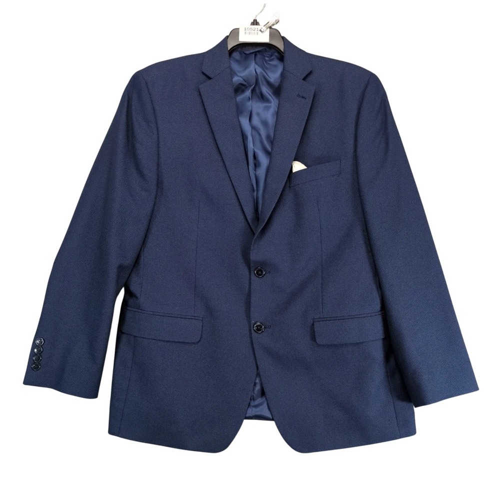 Van Heusen Navy Blue Blazer Mens 42R Textured Two Button Jacket Pocket Square